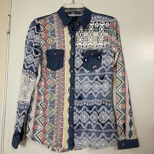 DESIGUAL Geometric multicolor denim button down Shirt size US M EUR L